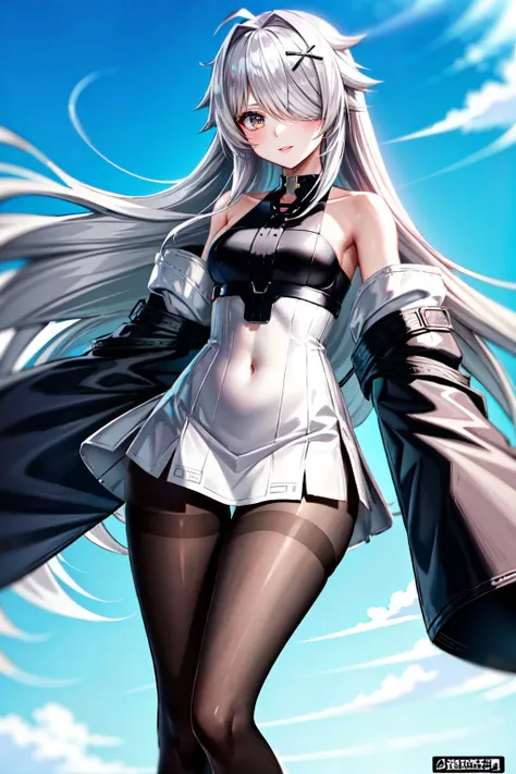 1girl, no.21, bandage over one eye, (pale skin:1.1), navel, thighs, medium breasts, long hair, white hair, bangs, gray eyes, bare shoulders, black legwear, (white dress), pantyhose, hair ornament, hairclip, jacket, (long sleeves), standing, body portrait, outdoors, village, digital art, colorful, trending on artstation, hyper detailed, 8k HDR, <lora:21:0.6> <lora:add_detail:0.5>