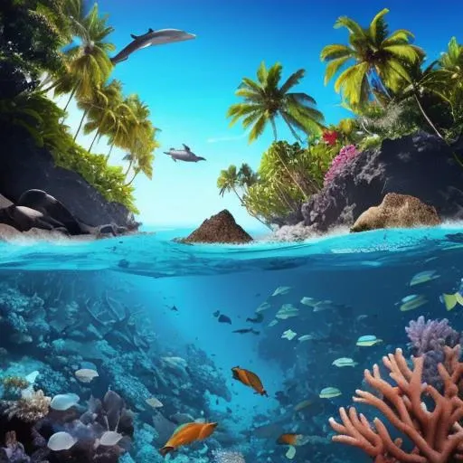 (The marine life surrounding this tropical island is truly awe-inspiring. From pods of dolphins and whales to schools of colorful fish and vibrant coral reefs, the underwater world is teeming with life and color. Whether you're a seasoned diver or a first-time snorkeler, you'll be amazed by the sights and sounds of this vibrant ecosystem.),tropicalparadise, remoteisland, untouchednature, purewater, lushgreenery, secludedparadise, naturalwonderland, hiddenbeauty, crystalclearwater, densejungle, vibrantfoliage, highqualityimages, photorealism, camerasettings, daylightlighting, realpictures, 8Kresolution, islandescape, breathtakingviews, exoticwildlife, naturalhabitat, unspoiledparadise, serenitynow, peacefulretreat, wanderlustdestination, offthebeatenpath, escapethecity, ecoadventure, sustainabletourism, conservationefforts, tropical-island-5400