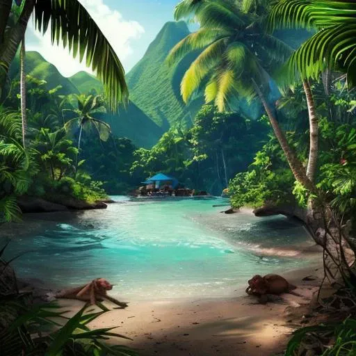 NSFW. (nude) (Nami, large breasts, strip of pubic hair), doggy style, (double penetration, vaginal penetration, anal), ahegao, cavemen, on a deserted beach, shipwreck, (depth of field) (dramatic sunlight), ((best quality)), ((masterpiece)), (detailed)