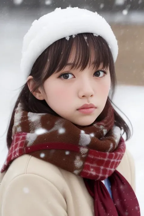 <lora:chilloutmixss_xss10:1>,photorealistic,1girl,Asian,solo, scarf, school uniform, brown hair, serafuku,snowing, looking at viewer, white scarf, snow, lips, upper body, realistic, brown eyes, red ribbon, short hair, sailor collar, blurry, bangs, looking up,