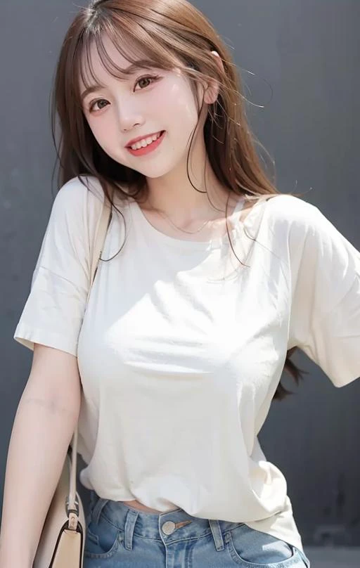 <lora:chilloutmixss_xss10:0.8> <lora:cuteGirlMix4_v10:0.15> a, young,<lora:japaneseDollLikeness_v10:0.05> face to front ,dress white t-shirt, black hair, jeans, big mouth, Solid background, slim body, White background