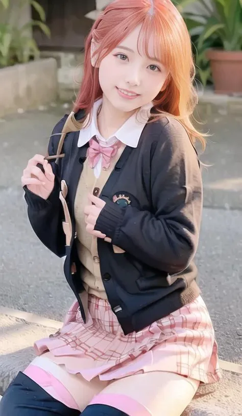 best quality, long hair, smile,(black thighhighs:1.66), (8k, best quality, masterpiece:1.2), (realistic, photo-realistic:1.37), ultra-detailed, full body, small waist, 1 girl,cute, solo,beautiful detailed ,night,sitting,dating,(nose blush),(smile:1.15),(grin) large breasts,(fantasy breasts),(red checkered pleated skirt:1.44), beautiful detailed eyes,(pink school girl cardigan buttoned:1.33),(wearing red checkered bowtie in neck:1),<lora:chilloutmixss_xss10:1>,(pink straight hair:1.66)