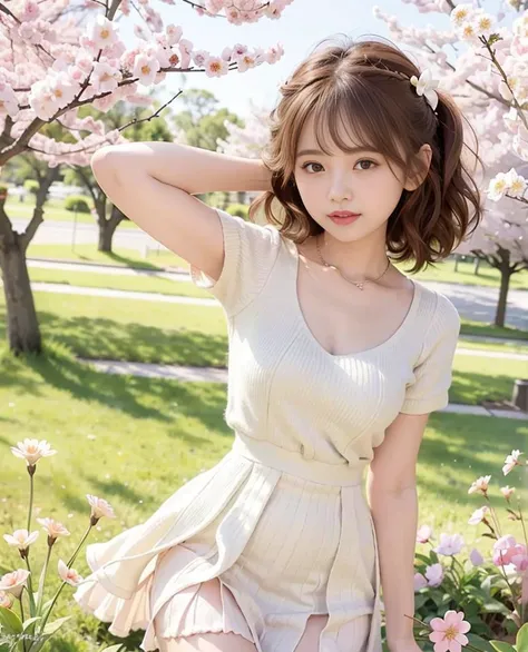 masterpiece, best quality, ultra high res, 1girl, (photorealistic:1.5), natural lighting, perfect artwork, portrait, beautiful, detailed puffy eyes, small breasts, young, detailed eyes, curly hair, light brown hair, cute, adorable, streaked hair, (aegyo sal:1), smile, necklace, full body, standing, kpop idol, teen, Chinese, 16 years old, spring, nature, blush, school girl, standing, ((sakura)) trees, flowers, blossom, flower hair ornament, grass field, white dress