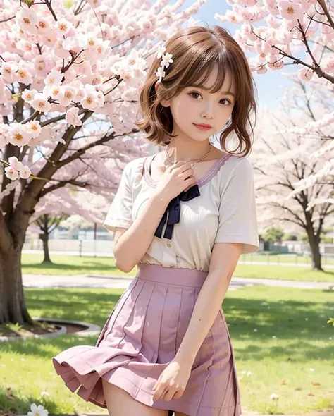 masterpiece, best quality, ultra high res, 1girl, (photorealistic:1.5), natural lighting, perfect artwork, portrait, beautiful, detailed puffy eyes, small breasts, young, detailed eyes, curly hair, light brown hair, cute, adorable, streaked hair, (aegyo sal:1), enchanting smile, necklace, full body, standing, kpop idol, teen, Chinese, 16 years old, spring, nature, blush, school girl, standing, ((sakura)) trees, flowers, blossom, flower hair ornament, grass field, pink mini skirt, japanese sailor suit