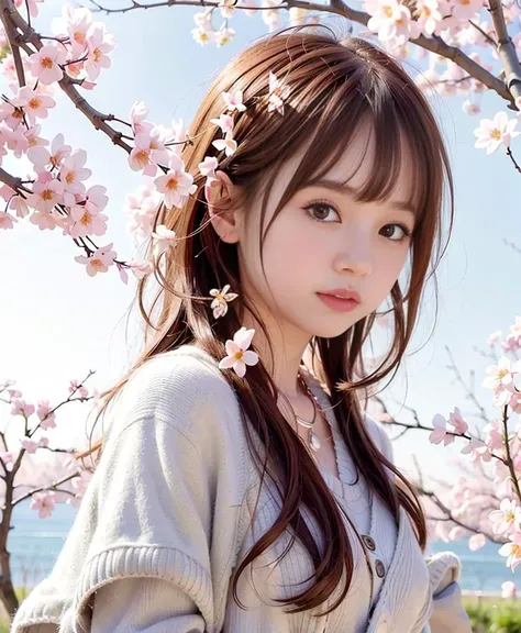 masterpiece, best quality, ultra high res, 1girl, (photorealistic:1.5), natural lighting, perfect artwork, portrait, beautiful, detailed puffy eyes, small breasts, young, detailed eyes, light brown hair, cute, adorable, streaked hair, (aegyo sal:1), enchanting smile, necklace, full body, standing, kpop idol, teen, Japanese, 16 years old, spring, nature, blush, school girl, standing, ((sakura)) trees, flowers, blossom, flower hair ornament