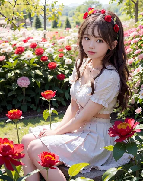 masterpiece, best quality, ultra high res, 1girl, (photorealistic:1.5), natural lighting, perfect artwork, portrait, beautiful, detailed puffy eyes, small breasts, young, detailed eyes, curly hair, light brown hair, cute, adorable, streaked hair, (aegyo sal:1), enchanting smile, necklace, full body, kpop idol, teen, Chinese, 16 years old, nature, blush, red peony flower garden, peony, blossom, flower hair ornament, grass, pleated skirt, barefoot, white pleated skirt, skinny thigh