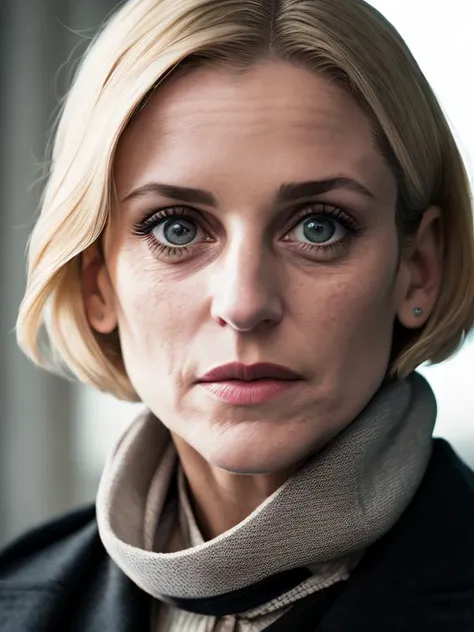 photo of (DedraMeero2:0.99), looking at the camera wearing a woolen scarf, with a white collared shirt, with a black waistcoat,  detailed face, realistic skin, high quality, (brown eyes:1.1), Leica 50mm, f1. 4, natural light, grainy, (high detailed skin:1.2)