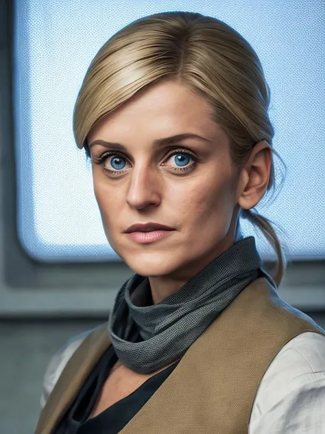photo of (DedraMeero2:0.99), looking at the camera wearing a grey linen shirt, with a brown leather vest, with a green scarf, detailed face, realistic skin, high quality, (brown eyes:1.1), Leica 50mm, f1. 4, natural light, grainy, (high detailed skin:1.2)