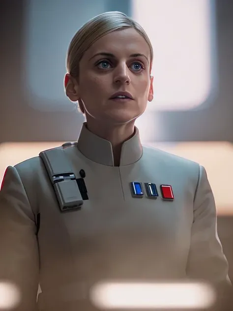 photo of (DedraMeero2:0.99), looking at the camera wearing white star wars imperial intelligence office uniform, detailed face, realistic skin, high quality, (brown eyes:1.1), Leica 50mm, f1. 4, natural light, grainy, (high detailed skin:1.2)
