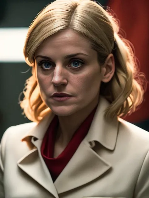photo of (DedraMeero2:0.99), looking at the camera wearing a red blazer, with a yellow scarf, with a white dress shirt underneath, detailed face, realistic skin, high quality, (brown eyes:1.1), Leica 50mm, f1. 4, natural light, grainy, (high detailed skin:1.2)