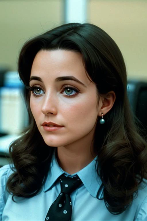 <lora:karenallen:0.6>, karenallen, ,photo of a woman, , perfect hair, beautiful perfect skin, ((busy office)), (modern photo, necktie, shirt), 24mm, (analog, cinematic, film grain:1.3), , detailed eyes, (upper body), (looking at viewer), earrings, (eyeliner, eyelashes)