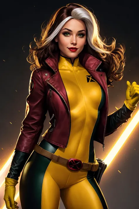 Rogue, Classic, Superhero, Savage, Southern Belle, Xtreme, looking at viewer, tight bodysuit, jacket, smile, belt, open jacket, lips, covered navel, makeup, headband, lipstick, belt buckle, red lips, yellow gloves, specular highlights, Rogue of the X-men, nice hands, dynamic angle, dynamic lighting, cinematic lighting, sci fi <lora:Rogue:0.5>