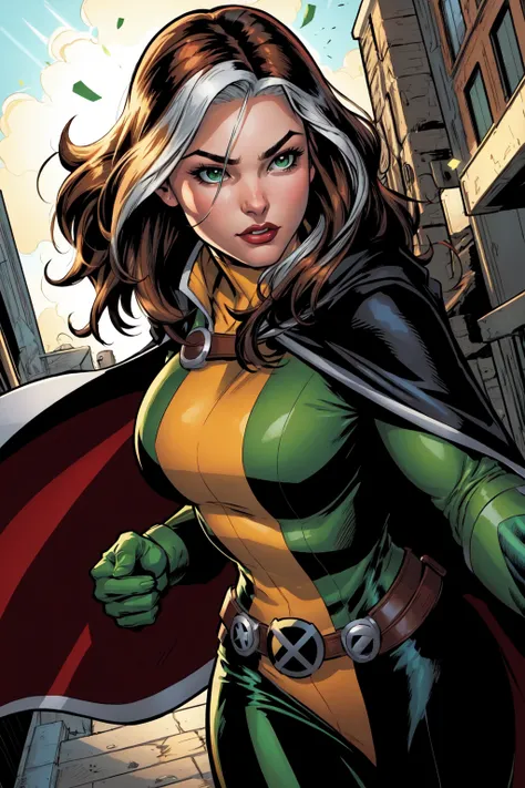Rogue, Classic, Superhero, Southern Belle, large breasts, cape, clenched hand, cloak, specular highlights, Rogue of the X-men, dynamic angle, dynamic lighting, side lighting, rim lighting, sci fi <lora:Rogue:0.5>