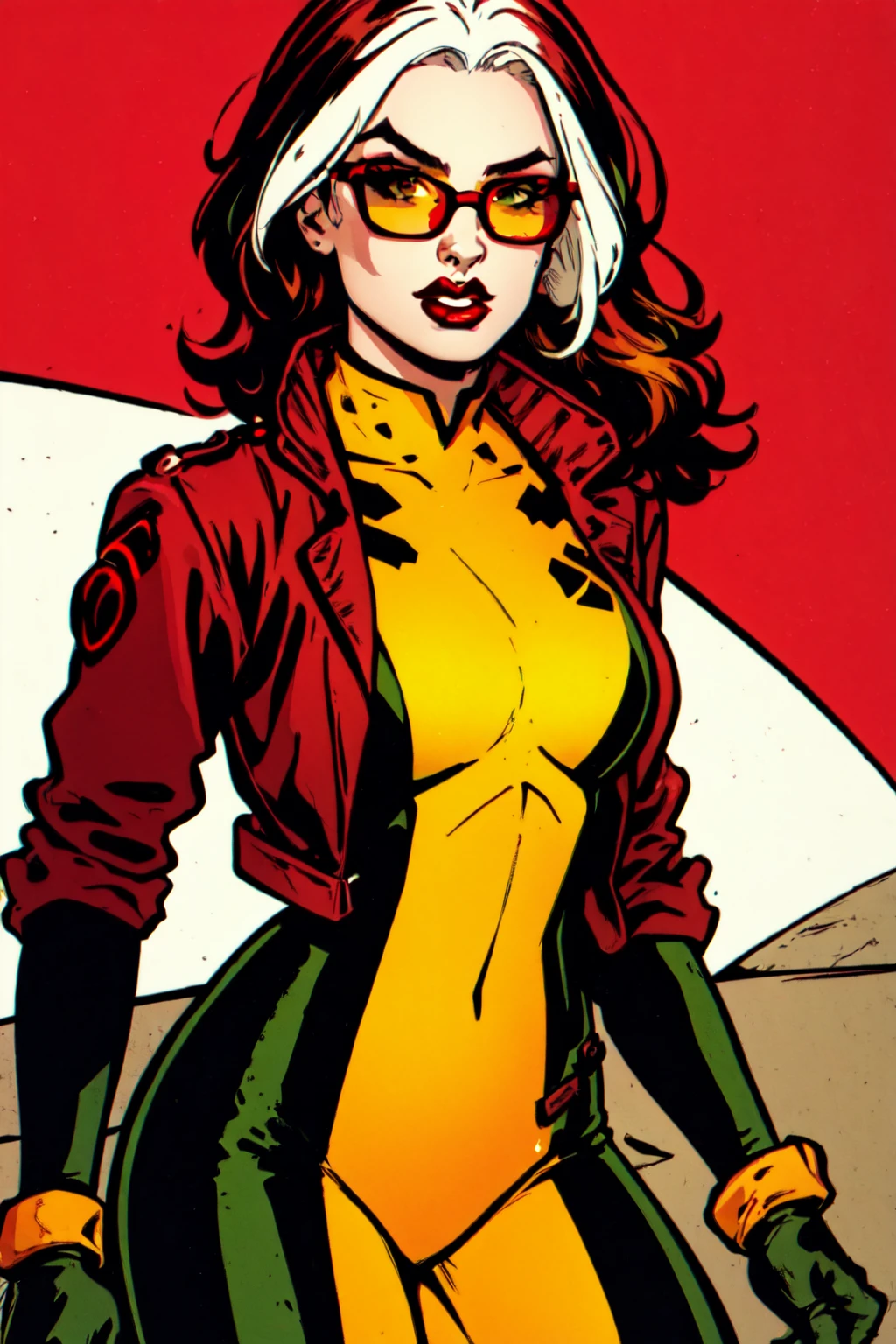 Rogue, Xtreme, breasts, short hair, large breasts, cowboy shot, red bodysuit, jacket, parted lips, glasses, lips, makeup, sunglasses, thick eyebrows, lipstick, red lips, tinted eyewear <lora:Rogue:1>