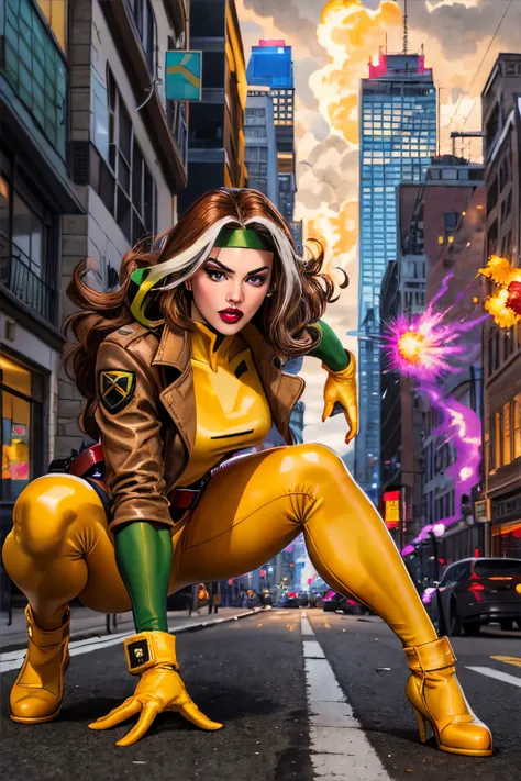 Rogue, Classic yellow costume, Superhero, Southern Belle, looking at viewer, perfecteyes eyes, large breasts, voluptuous, brown jacket, parted lips,belt, open jacket, lips, covered navel, makeup, green headband, outstretched arm, lipstick, multicolored clothes, buckle, belt buckle, red lips, yellow gloves, specular highlights, Rogue of the X-men, nice hands, dynamic angle, dynamic lighting, side lighting, rim lighting, sci fi, in the streets of the city, cars exploding, buildings on fire, no people in the background, <lora:Rogue:0.5> , <lyco:locon_perfecteyes_v1_from_v1_64_32:0.4>