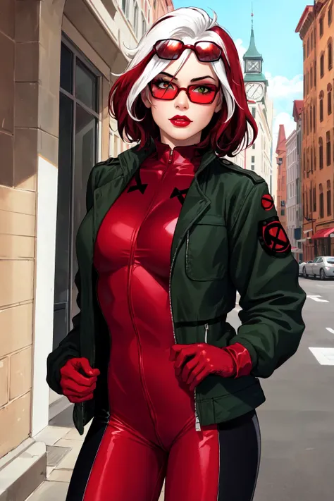 Rogue,  Xtreme, short hair, large breasts, cowboy shot, red bodysuit, jacket, parted lips, glasses, lips, makeup, sunglasses,  lipstick, red lips,  tinted eyewear <lora:Rogue:0.7>