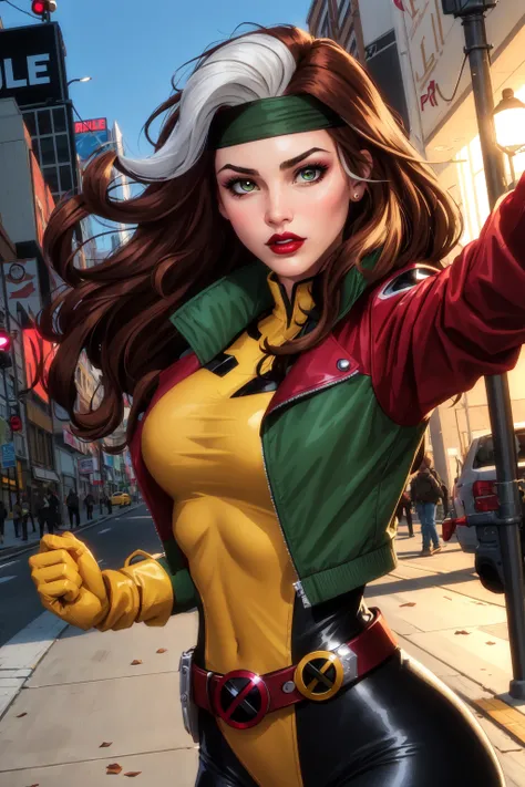 Rogue, Classic, Superhero, Southern Belle, looking at viewer, large breasts, voluptuous, jacket, parted lips,belt, open jacket, lips, covered navel, makeup, headband, outstretched arm, lipstick, multicolored clothes, buckle, belt buckle, red lips, yellow gloves, specular highlights, Rogue of the X-men, nice hands, dynamic angle, dynamic lighting, side lighting, rim lighting, sci fi <lora:Rogue:0.5>