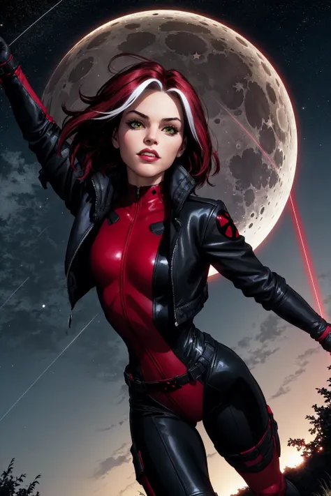 Rogue,looking at viewer, short hair, Xtreme,jacket, sky, teeth, red and black bodysuit, red bodysuit, night, moon, grass, star (sky), night sky, full moon, starry sky, running, , specular highlights, Rogue of the X-men, dynamic angle, dynamic lighting, side lighting, rim lighting, sci fi <lora:Rogue:0.5>