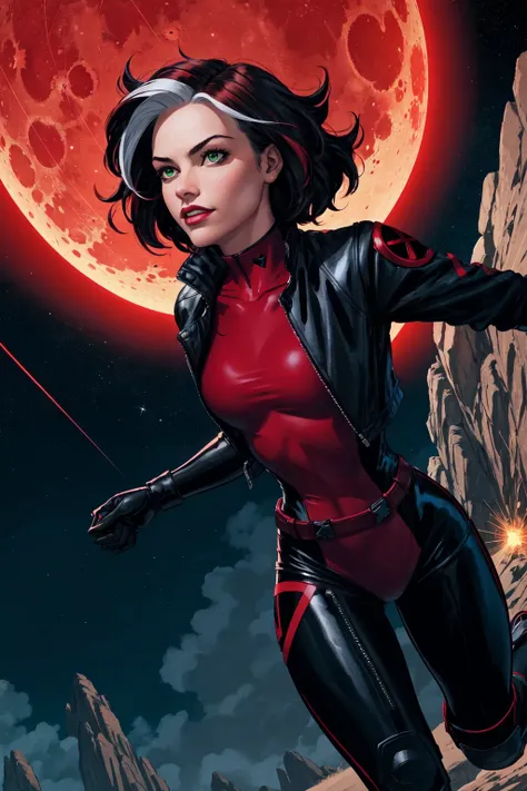 Rogue,looking at viewer, short hair, Xtreme,jacket, sky, teeth, red and black bodysuit, red bodysuit, night, moon, grass, star (sky), night sky, full moon, starry sky, running, , specular highlights, Rogue of the X-men, dynamic angle, dynamic lighting, side lighting, rim lighting, sci fi <lora:Rogue:0.5>