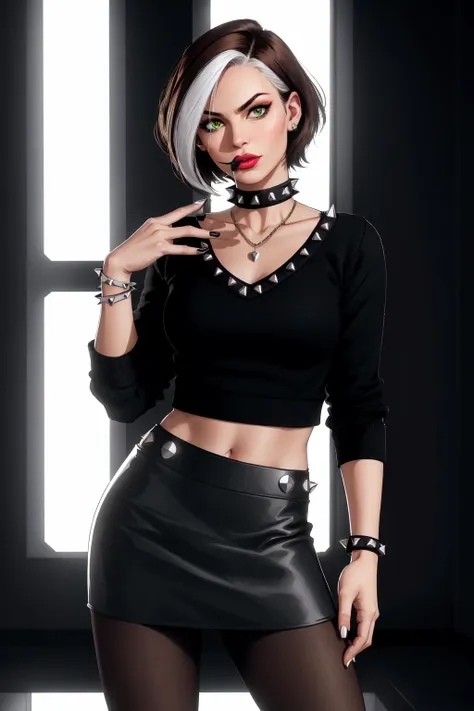 Rogue,looking at viewer, short hair, skirt, jewelry, standing, pantyhose, collar, bracelet, sweater, lips, finger to mouth, spikes, pencil skirt, realistic, spiked bracelet, spiked collar, studded collar, specular highlights, Rogue of the X-men, dynamic angle, dynamic lighting, side lighting, rim lighting, sci fi <lora:Rogue:0.5>