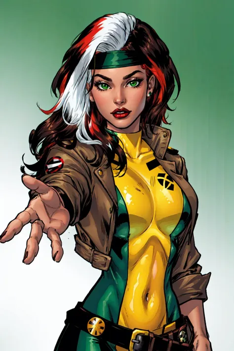 Rogue, Classic, Superhero, Southern Belle, breasts, looking at viewer, large breasts, jacket, parted lips, open clothes, belt, dark skin, open jacket, dark-skinned female, lips, dutch angle, covered navel, makeup, headband, outstretched arm, lipstick, multicolored clothes, buckle, cropped jacket, belt buckle, green jacket, red lips, dyed bangs, multicolored bodysuit, green bodysuit<lora:Rogue:0.5>