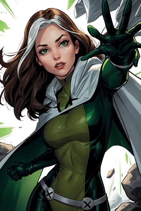 Rogue,  green and white bodysuit, large breasts, cape, clenched hand, cloak, specular highlights, Rogue of the X-men, dynamic angle, dynamic lighting, side lighting, rim lighting, sci fi <lora:Rogue:0.5>