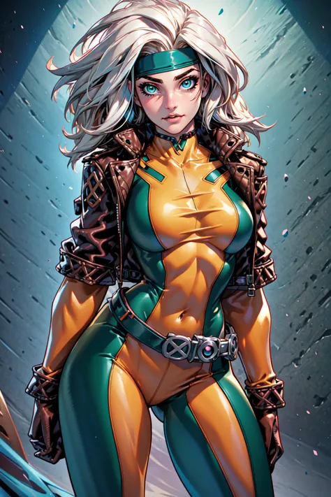 Savage, Classic, Southern Belle, Superhero, Rogue, Xtreme, breasts, blue eyes, medium breasts, jacket, open clothes, belt, open jacket, covered navel, headband, cropped legs, leather, leather jacket, green bodysuit, EarthPorcelain, <lora:RogueRetrain:1>