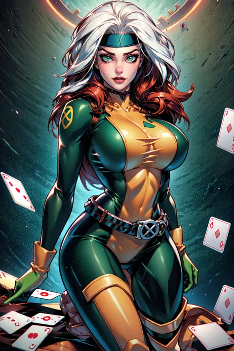 Savage, Classic, Southern Belle, Superhero, Rogue, Xtreme, looking at viewer, large breasts, boots, parted lips, belt, lips, headband, lipstick, card, playing card, spade, (shape), dyed bangs, green bodysuit, EarthPorcelain, <lora:RogueRetrain:1>