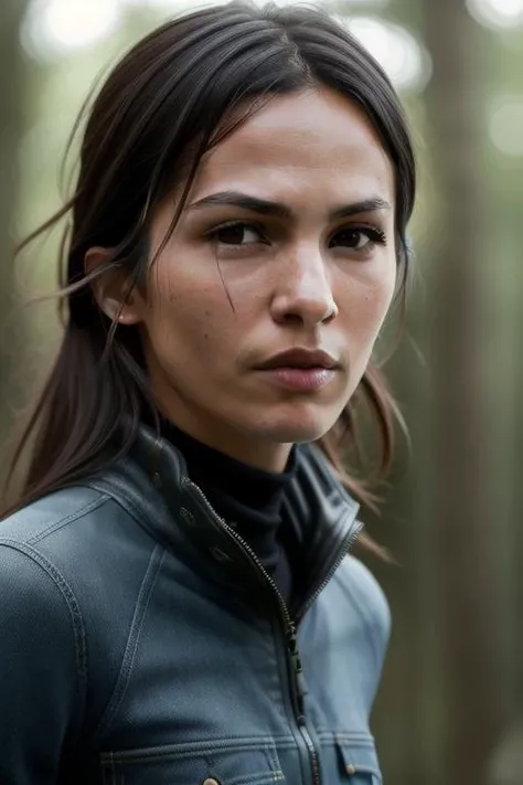 portrait photo of elodie, wearing a turtle neck and jeans walking through the forest(masterpiece), (best quality), (detailed), (8k), (HDR), (wallpaper), (cinematic lighting), (sharp focus), (intricate), (closeup)