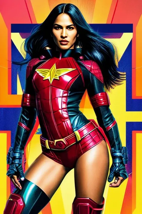 Lifelike full body illustration of a fierce and empowered Elodie Yung portraying a superhero character, embracing physicality and action sequences, perfect for comics or merchandise design