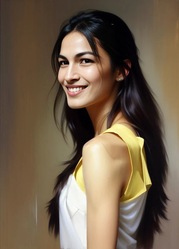 elodie, yellow background color, seductive smile expression, impasto oil paint, pearlescent, shimmering, reflective, rim light, detailed background, by Ruan Jia and Mandy Jurgens and William-Adolphe Bouguereau, Artgerm,