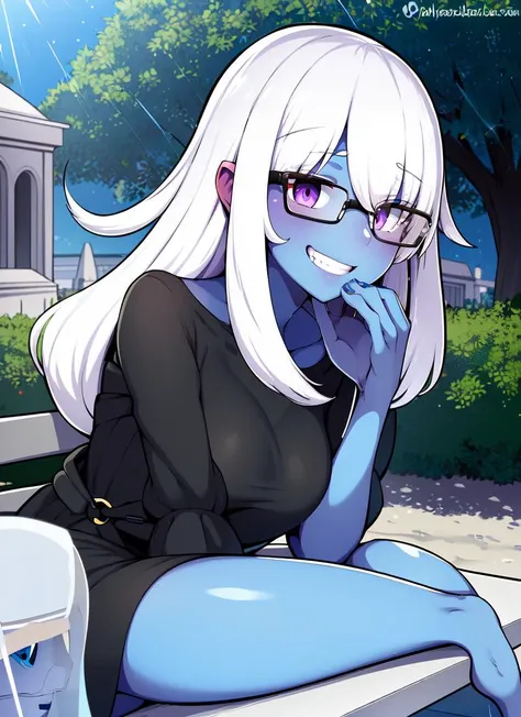 ((best quality)), ((highly detailed)), absurdres, detailed face, beautiful face, (detailed eyes, deep eyes), (1girl), (glasses), dynamic pose, upper body, ((o-ring bikini, swimsuit under shirt, barefoot, barefoot, beachball)), ((ghost-girl)), ((undead)), ((powder_blue colored skin:1.3)), ((white colored hair:1.3)), ((purple eyes)), ((glowing eyes)), (eye bags), (monstergirl), <lora:skinnyv2:1>, skinny, medium breasts, ((crazy grin)), smoky skull, flowing ((black dress)), ((mausoleum)), fog, (outdoors, in a park, trees, path, light post, park bench, city in the background, afternoon, thunder storm), <lora:borisu:1>