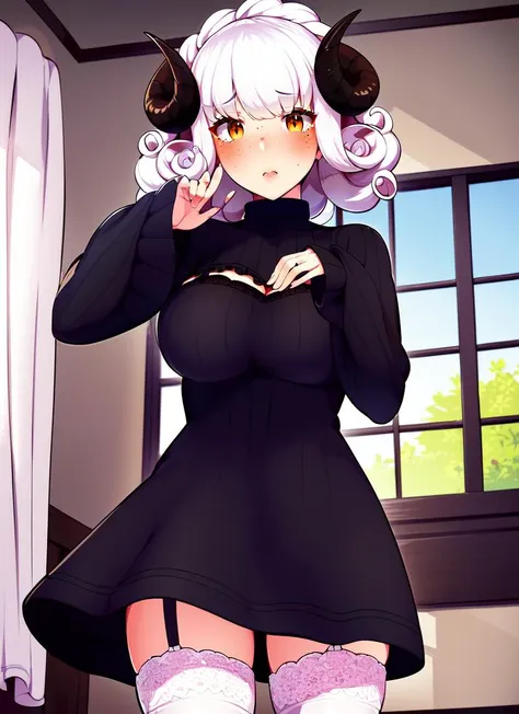 ((best quality)), ((highly detailed)), masterpiece, absurdres, (detailed eyes, deep eyes), (1girl), dynamic pose, cowboy shot, very wide shot, ((<lora:v3lv3tsh33r:.7>, v3lv3tsh33r, long sleeves, standing, black velvet dress, see-through sleeve, <lora:EraseGroinSkirt:1>)), ((sheep girl)), ((ram horns)), , ((white hair:1.3)), short hair, (((curly hair))), orange eyes,ð, (freckles), sheep wool, wooly, fluffy, large breasts, (white ribbed sweater, sweater dress), long sleeves, cleavage, collarbone, thighhighs, garter straps, (indoors, at a gym), <lora:borisu:1>