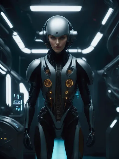 bbuk_style <lora:PureDarkness_RetroSciFi-000060:0.9> a synthetic android person posing for a picture in a engine room, cinematic shot