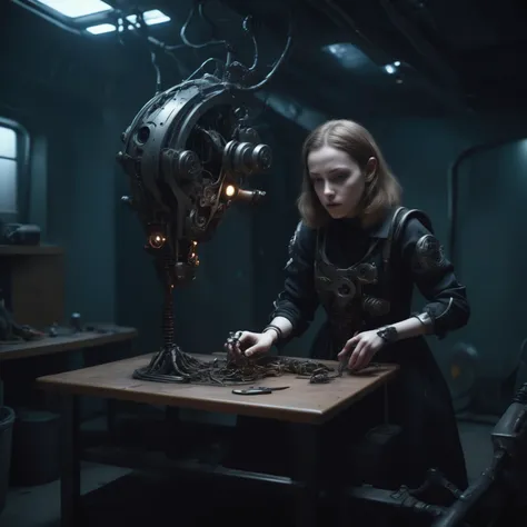 bbuk_style <lora:PureDarkness_RetroSciFi-000060:0.7> a girl with biomechanical limbs desperately trying to fix an old automaton in the basement, darkness