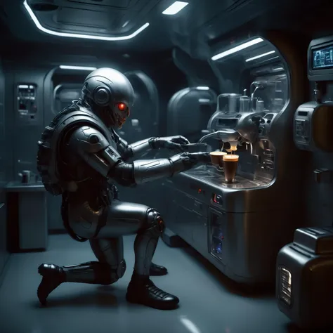 bbuk_style <lora:PureDarkness_RetroSciFi-000060:0.7> a biomechanical soldier trying to fix a coffe machine in the kitchen inside spaceship, darkness