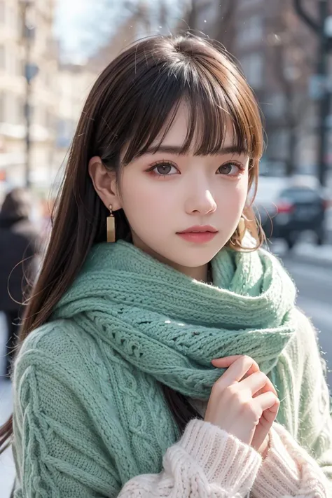 Mr_MC_R-WM_V1,<lora:Mr_MC_R-WM_V1.2:0.4>,1girl,brown hair,looking at viewer,long hair,solo,outdoors,blurry,scarf,lips,upper body,day,sweater,blurry background,bangs,earrings,closed mouth,winter clothes,jewelry,pink scarf,green eyes,building,long sleeves,depth of field,realistic,winter,coat,<lora:GoodHands-beta2:1>,