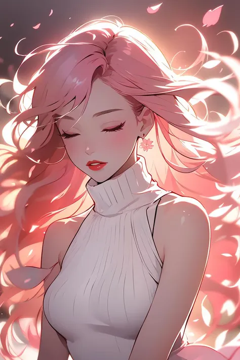 Mr_MC_R-WM_V1,<lora:Mr_MC_R-WM_V1.2:0.8>,1girl,long hair,solo,floating hair,closed eyes,upper body,sleeveless,parted lips,red lips,lips,pink hair,turtleneck,bare shoulders,(flower),eyelashes,<lora:GoodHands-beta2:1>,