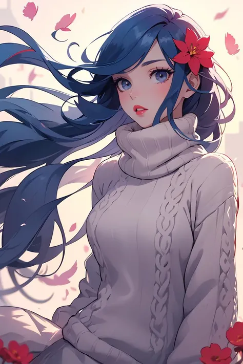 <lora:Mr_MC_R-WM_V1.2:0.6>,Mr_MC_R-WM_V1,girl,long hair,solo,floating hair,parted lips,red lips,lips,Blue hair,(flower),eyelashes,Knitted clothes,<lora:GoodHands-beta2:1>,