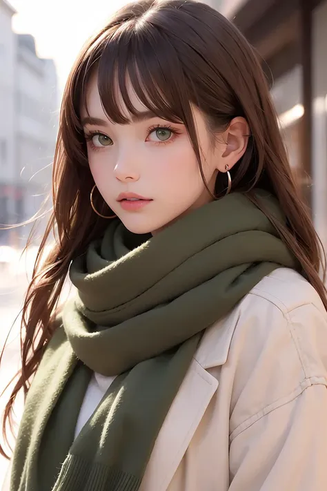 Mr_MC_R-WM_V1, <lora:Mr_MC_R-WM_V1.2:0.4>,1girl, brown hair, looking at viewer, long hair, solo, outdoors, blurry, scarf, lips, upper body, day, sweater, blurry background, bangs, earrings, closed mouth, winter clothes, jewelry, pink scarf, green eyes, building, long sleeves, depth of field, realistic, winter, coat,<lora:GoodHands-beta2:1>,
