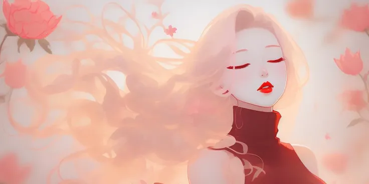 <lora:Mr_MC_R-WM_V1.2:0.8>,Mr_MC_R-WM_V1,1girl, long hair, solo, floating hair, closed eyes, upper body, sleeveless, parted lips, red lips, lips, pink hair, turtleneck, bare shoulders, (flower), eyelashes