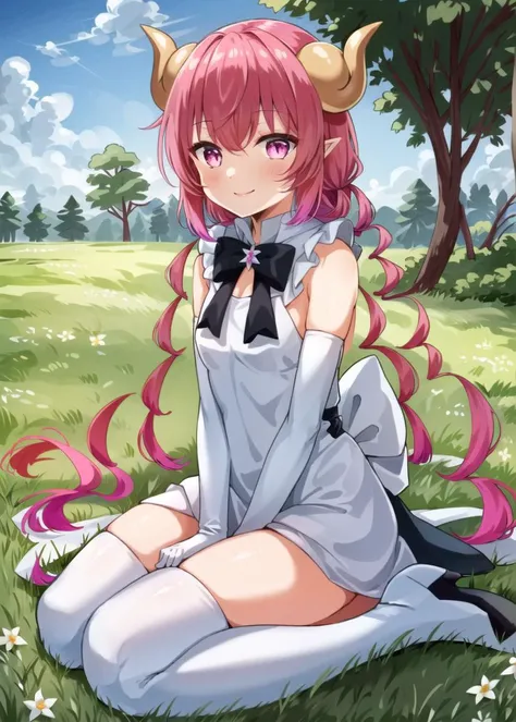 (((masterpiece))), (((best quality))),(((ultra-detailed))), (((flat color))), ((an extremely delicate and beautiful)), ((detailed girl)),1girl, ilulu,mature female, pink hair, solo, flower, wedding dress,frilled dress, elbow gloves,(bridal gauntlets:1.1), hair flower, hair ornament, layered dress, purple eyes, pink dress, sitting, (wariza:1.2),leg apart, white gloves, outdoors, long hair,sidelocks, high heels, day, looking at viewer, smile, eighth note,glass shoes removed, sky, sitting on flower field, grass, bow decoration, <lora:ilulu:0.75>