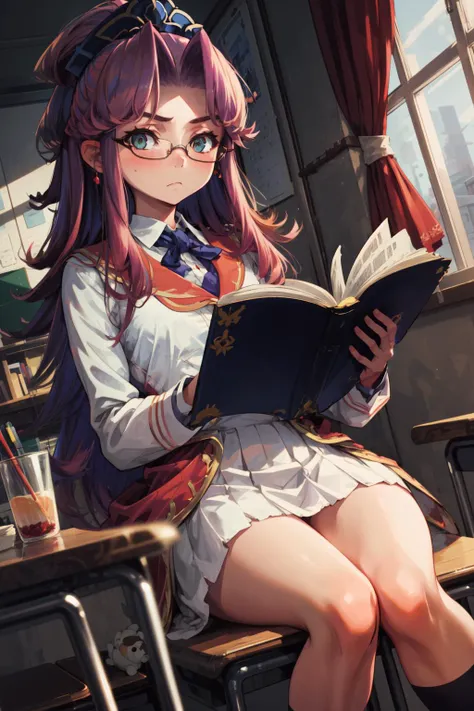masterpiece,best quality,1girl,angela \(seiken densetsu 3\),rnd1,school uniform,glasses,light frown,expressionless,reading,sitting,dawn,classroom,dutch angle,<lora:Angela1:1>,