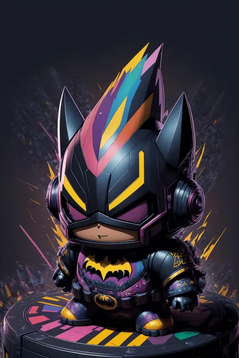 <lora:grafitize_v1:1> grafitize solo
masterpiece, best quality, intricate details, highly detailed raw photography, photorealism, photorealistic, soft focus, volumetric lighting, volumetric shadows, cinematic light, large-scale, 8k-perfect-arnold
batman, ((standing on base)), toy, chibi
particles with graffiti effect all around, (((multicolored background)))