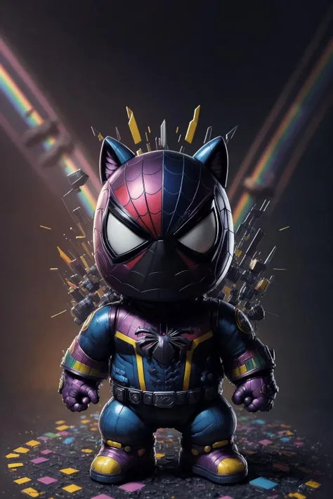 <lora:grafitize_v1:1> grafitize solo
masterpiece, best quality, intricate details, highly detailed raw photography, photorealism, photorealistic, soft focus, volumetric lighting, volumetric shadows, cinematic light, large-scale, 8k-perfect-arnold
spiderman, ((standing on base)), toy, chibi
particles with graffiti effect, (((rainbow background)))