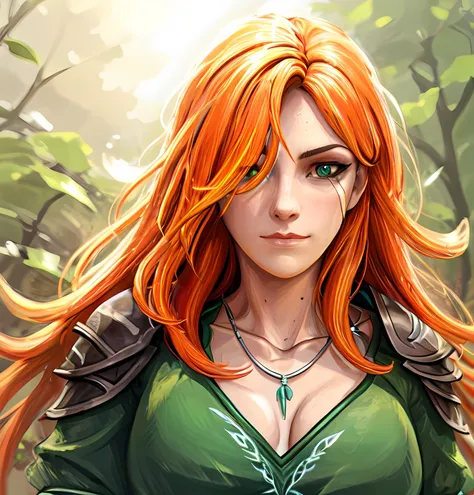 masterpiece, (photorealistic:1.4), best quality, beautiful lighting, RAW photo, 8k uhd,1 girl, colorful,windranger, 1girl,second_style, solo, long hair, blonde hair, simple background, hair ornament, jewelry, closed mouth, green eyes, upper body, female focus, necklace, orange hair, armor, hair over one eye, feathers, shoulder armor, outdoors, feather hair ornament<lora:Windranger:0.6>