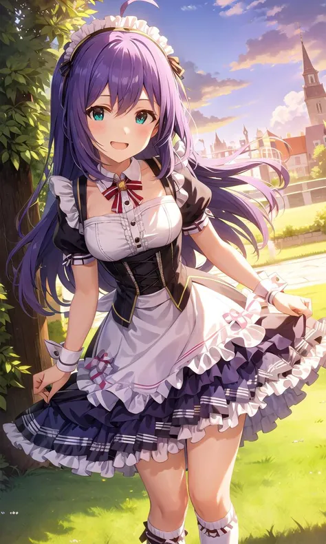 anna mochizuki (million live), shiny trinity \(costume\), (best quality, 8K, masterpiece, ultra detailed:1.2), sunset, gradient sky, twilight, dappled sunlight, beautiful clouds,
1girl, solo, smile, looking at viewer, white socks, blush, puffy short sleeves, upper teeth only, corset, skirt, bow, dutch angle, maid headdress, purple footwear, kneehighs, teeth, wrist cuffs, white apron, purple skirt, maid, frilled skirt, frilled hairband, standing, layered skirt,