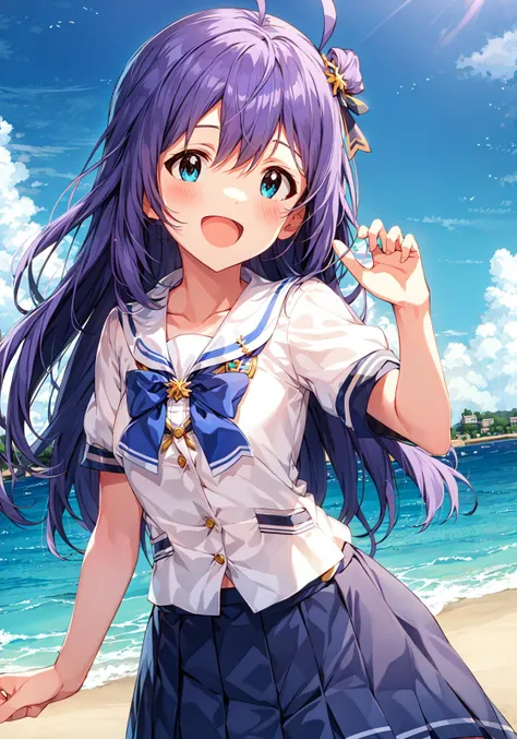 anna mochizuki (million live), shiny trinity \(costume\), (best quality, 8K, masterpiece, ultra detailed:1.2), sea, day, dappled sunlight, blue sky, beautiful clouds,
1girl, solo, skirt, smile, open mouth, v, looking at viewer, white sailor collar, blue shirt, sailor collar, blue skirt, pleated skirt, short sleeves, :d, shirt, school uniform, blush, serafuku, collarbone, bow, ribbon, blue bow