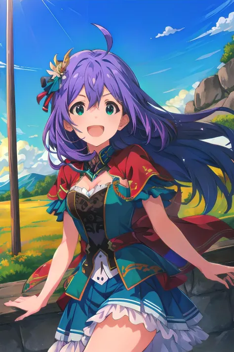 1girl, <lora:Anna_Mochizuki:0.85>,anna mochizuki (million live), cowboy shot, happy,
purple hair,( long hair:0.8), emerald green eye,
(RAW, 8K:1.3), (highres:1.2),(masterpiece:1.3),(best quality:1.4),(intricate details:1.15), (highly detailed eyes:1.2), HDR ,<lora:GoodHands-vanilla:1>, <lora:flat2:-0.5>