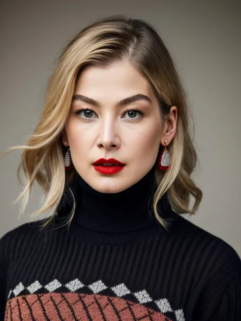 Realistic photo of a beautiful, 1girl,solo,looking at viewer,blonde hair,jewelry,upper body,earrings,parted lips,sweater,lips,makeup,shadow,turtleneck,lipstick,portrait,turtleneck sweater,realistic,red lips,black sweater, soft lighting, professional Photography, Photorealistic, detailed, RAW, analog, sharp focus, 8k, HD, high quality, masterpiece<lora:r0s4mundp:1.0>